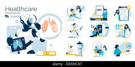Vektor-Illustration, die Innovationen der Gesundheitstechnologie zeigt. Enthält Elemente wie KI-Diagnose der Lunge, Fitness-Tracking, Diätplanung und Notfallmaßnahmen im digitalen Kontext. Stock Vektor