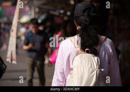 Frau, die auf dem Markt im Freien einkaufen, Reisende, die den Markt im Freien erkunden, Rückansicht, am Chatuchak Markt. Stockfoto