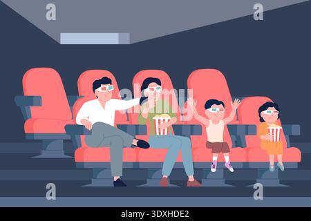 Familie im Kino. Eltern mit Kindern im Kino. Unterhaltung am Wochenende, Leute, die Cartoon oder 3D-Filme für Kinder sehen, aktuelle Vektorszene Stock Vektor