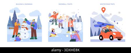 Winter-Vektor-Illustration Set mit Familien, die einen Schneemann bauen, Schneeballkämpfe betreiben und im Winter Roadtrips genießen. Der helle Cartoon-Stil weckt Freude und Urlaubsspaß. Stock Vektor