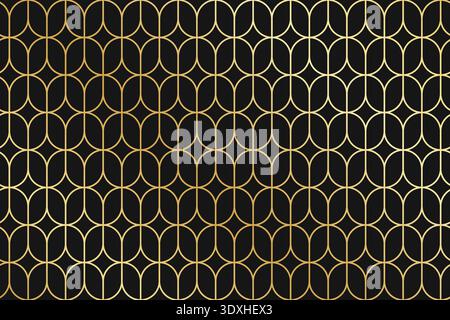 Art Deco- oder Nouveau-Muster mit wiederholten goldenen Ovalformen auf schwarzem Hintergrund. Luxuriöses geometrisches Muster. Elegante, minimalistische Tapete. Goldenes abstraktes Ornament. Vektorabbildung. Stock Vektor