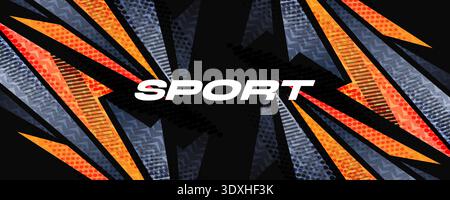 Modernes und dynamisches Sport-Banner-Design mit geometrischen Formen in Grau und Orange auf schwarzem Hintergrund Stock Vektor