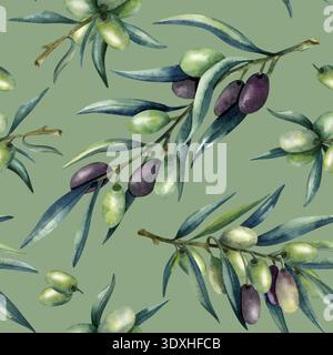 Nahtloses Muster des Olivenzweigs auf grünem Hintergrund. Konzept gesunde Küche, mediterrane Küche. Isolierte Illustration für Textilien, Küche Stockfoto