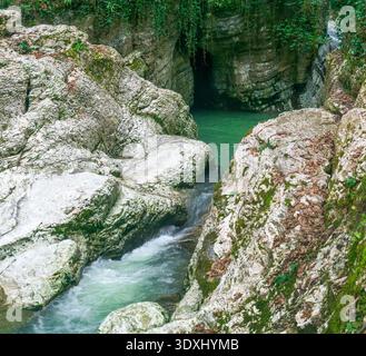 Wunderschöner Gebirgsfluss, der durch Felsen in den Bergen fließt. Stockfoto