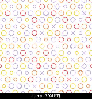 Moderne geometrische Formen farbenfrohes, lustiges Muster. Abstraktes minimales nahtloses Muster. Cooles, dynamisches Modedesign. Rot, orange, gelb und lila an Stock Vektor