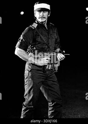Dieses auffällige Schwarzweiß-Werbefoto aus dem Jahr 1977 zeigt den Schauspieler Charles Bronson, der eine entschlossene Figur mit einer Maschinenpistole zeigt. Das Bild fängt die Intensität und den schroffen Reiz ein, die viele seiner Rollen in Action- und Thriller-Filmen dieser Zeit prägten. Stockfoto