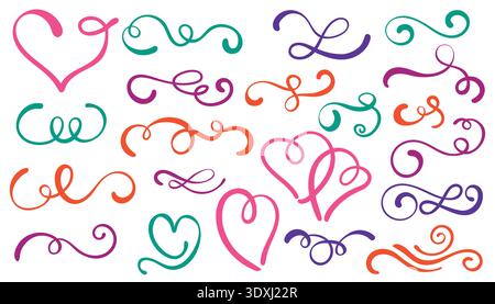 Set aus bunten, handgezeichneten kalligrafischen Blüten und Herzen für verspielte Designs. Diese farbenfrohen Wirbel und Schriftrollen sind perfekt für Hochzeitseinladungen Stock Vektor