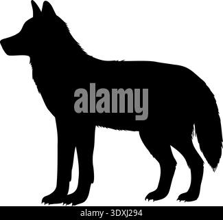 Wolf Silhouette Vektor Illustration auf isoliertem Hintergrund. Schatten des Hundes Raubtieres, gemalt mit schwarzer Tinte. Zeichnung von Wald- oder Tundra-Tier für Tiermotive, Ikonen, Druck und Grafik. Stock Vektor