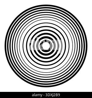 Konzentrische schwarze Halbtonkreise erzeugen einen hypnotischen Radialwelligkeit oder Signalwelleneffekt. Dieses minimalistische Design hat ein rundes Bullseye-Muster, i Stock Vektor