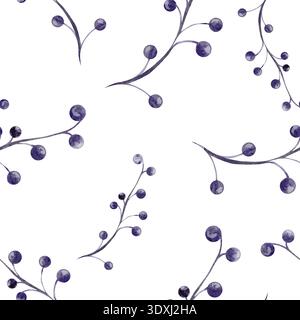 Nahtloses Aquarellmuster von violettem trockenem Zweig, runden Beeren, handgezeichnetem botanischem Herbstmotiv, weißem Hintergrund. Für kosmetisches Verpackungsdesign, Bio-Teeeetiketten, Naturdruck, Tapeten Stockfoto
