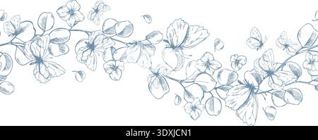 Eukalyptuszweige mit Blumen und Schmetterlingen. Handgezeichnete grafische Abbildung mit Strichgrafik. Nahtlose Borte mit Blumengirlande für Stock Vektor
