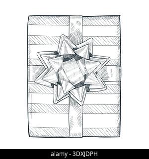 Vektor-Draufsicht Skizzenillustration der gestreiften Geschenkbox mit kreisförmiger Schleife. Handgezeichnetes Präsenzpaket isoliert auf weißem Hintergrund. Feiertagsfeier de Stock Vektor
