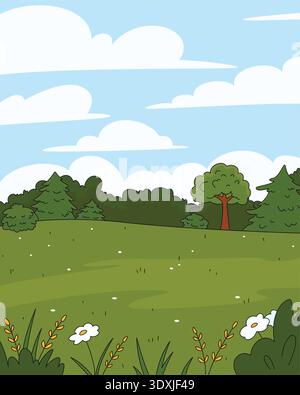 Landschaft Frühling Sommer Wiese im Wald mit Blumen, Grasfeld mit blauem Himmel, bewölkter Hintergrund Stock Vektor
