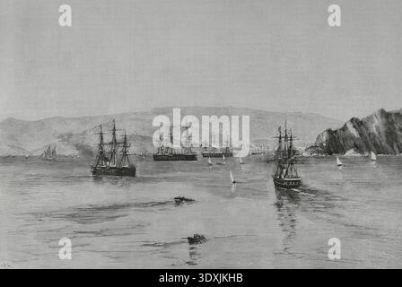 Reise der Könige von Spanien, Alfons XII. (1857–1885) und Maria Cristina de Habsburgo-Lorena (1858–1929), in die nordwestlichen Provinzen. Gijon, Asturien. Ankunft des Geschwaders am Hafen, um die Könige an Bord zu empfangen. Zeichnung von A. de Caula. Stich von Vela. Die spanische und amerikanische Illustration (La Ilustracion Espanola y Americana). 30. September 1884. Stockfoto