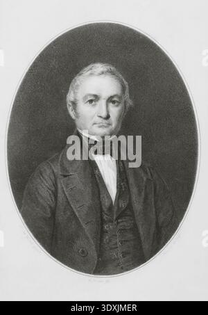 Louis-Adolphe Thiers (1797-1877). Französischer Staatsmann und Historiker. Präsident der Dritten Republik von 1871 bis 1873. Thiers verhandelte Frieden mit Preußen und besiegte 1871 die Pariser Kommune, die aufständische Bewegung. Hochformat. Zeichnung von A. Sandoz. Gravur von Pannier. "Histoire du Consulat et de l'Empire" (Geschichte des Konsulats und des französischen Reiches unter Napoleon), von A. Thiers. Band I. veröffentlicht in Paris, 1845. Stockfoto