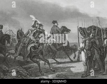 Schlacht von Jena (14. Oktober 1806). Die französische Armee unter Napoleon besiegte die preußischen Truppen unter Friedrich Wilhelm III. Von Preußen. Napoleon I. in der Schlacht von Jena. Napoleon überprüft die Kaiserliche Garde. Die Szene zeigt Napoleon beim Gruß eines Grenadiers der Kaiserlichen Garde. Murat wird hinter ihm reiten gezeigt. Zeichnung von Edouard Girardet nach dem Gemälde von Horace Vernet. Stich von Paul Girardet. "Histoire du Consulat et de l'Empire" (Geschichte des Konsulats und des französischen Reiches unter Napoleon), von A. Thiers. Band VII. Veröffentlicht in Paris, 1847. Stockfoto