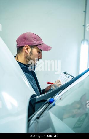 Mechaniker, der Karosserie und Lack für Reparaturen überprüft Stockfoto