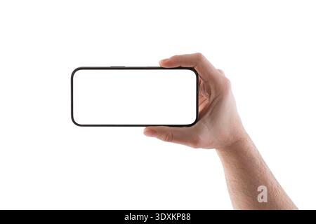 Modernes Smartphone mit leerem Bildschirm, isoliert auf weißem Hintergrund und Beschneidungspfad Stockfoto