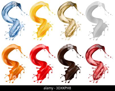Set von Spritzern mit Flüssigkeiten verschiedener Materialien (Schokolade, Orangensaft, Wein, Wasser, Öl, Karamell) isoliert auf weißem Hintergrund. 3D-Rendering. Stockfoto