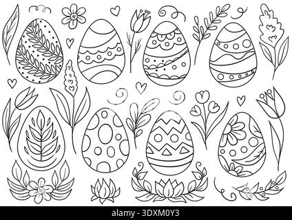 Monochrome Vektorset dekorierter Ostereier. Frühlingsillustration mit handgezeichneten Blumen, Blättern und Herzen. Perfekt für Kinder Designs, Färbung p Stock Vektor
