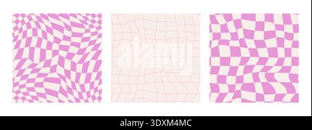 Farbenfrohe, trendige Kollektion mit quadratischem Muster aus Schachbrettmuster. Set aus geometrischem, hellem Hintergrund im Vintage-psychedelischen y2k-Stil. Lila und weiß. Lustige, niedliche Textur für Oberflächendesign. Stock Vektor