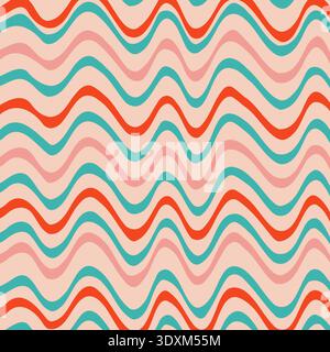 Weihnachts-Hippie-Retro-Hintergrund der 70er Jahre. Tapete mit Wellenlinien. Vektorrot und rosa Illustration. Frohe Weihnachten und Happy New Year Hintergrund, Textil, Geschenkpapier, Druck Stock Vektor