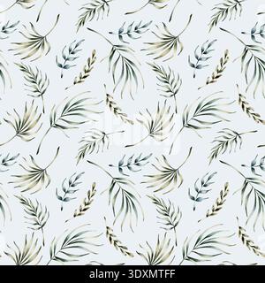Tropische Blätter Nahtloses Muster. Palmenzweig Aquarellflorale Hand gemalt isolierte Illustration auf blauem Hintergrund für Ramadan-Design muslimische Feierlichkeiten Stockfoto