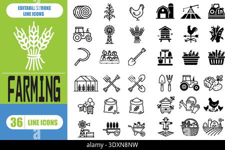 Symbole für Landwirtschaft und Landwirtschaft dünne Linien - editierbarer Hub - Symbole umfassen einen Farmer Farming, Scheune mit Silo, Kultivierung, Traktor im Feld, Feldfrüchte, Harv Stock Vektor