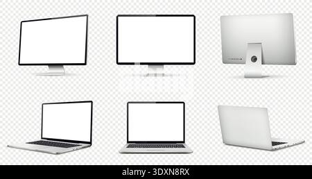 Realistisches Computerbild. Laptop-Computer-Mock-up aus verschiedenen Blickwinkeln. Vektorabbildung. Stock Vektor