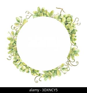 Runder Rahmen in Aquarellfarbe mit grünen Trauben und Weinblättern isoliert auf weiß. Handbemalter botanischer Kranz, perfekt für Einladungen, Weinetiketten und Stockfoto