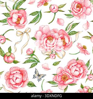 Nahtloses Muster mit rosa Pfingstrosenblüten und Knospen, Grün, Schmetterling und beiger Satinschleife. Eine handgezeichnete Abbildung Stockfoto