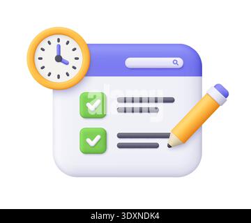 Webseite mit grünen Häkchen, gelbem Bleistift und Uhr. Aufgabenverwaltung, Planung, Produktivität, Termin, To-do-Liste und Zeitmanagement-Konzept. C Stock Vektor