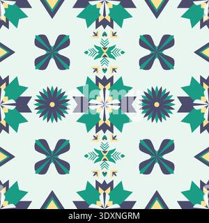 Nahtloses ethnisches geometrisches Muster mit Blumenmotiven in Petrol, Grün, Marineblau und sanften Gelbtönen, dekoratives Hintergrunddesign Stock Vektor