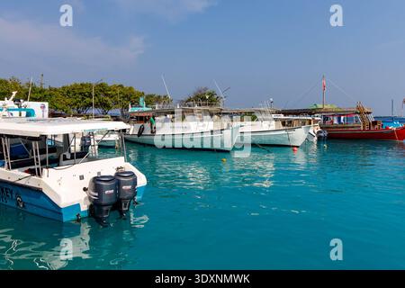 Klares türkisfarbenes Wasser ist eine Wiege friedlicher Boote. Weiße und rote Schiffe ruhen im ruhigen Hafen. Sonnenlicht strahlt sanfte Wellen aus. Üppig grüne Bäume säumen die Linie Stockfoto