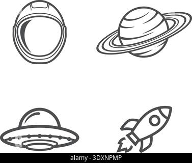 Ein monochromer Linienillustrationensatz mit Weltraumthemen-Elementen Stock Vektor