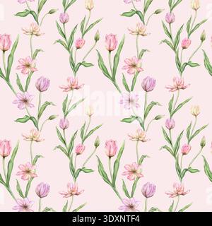 Nahtloses Muster der pastellrosa hellviolett gelben Knospen Tulpen Aquarellillustration isoliert auf Hintergrund. Handgezeichnete zarte Frühlingsstaude Stockfoto