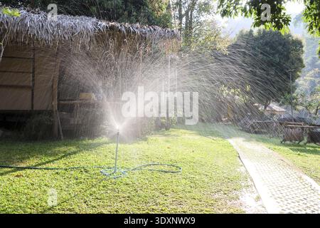 Automatischer Sprinkler, der Frischwasser auf üppig grünen Rasen im Garten sprüht. Erfrischendes Bewässerungssystem, das im Hinterhof mit hellem Morgensonnenlicht arbeitet Stockfoto