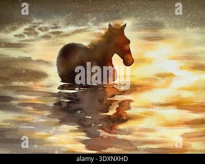 Pferdesilhouette steht im Wasser im goldenen abendlichen hellen Aquarellhintergrund Stockfoto