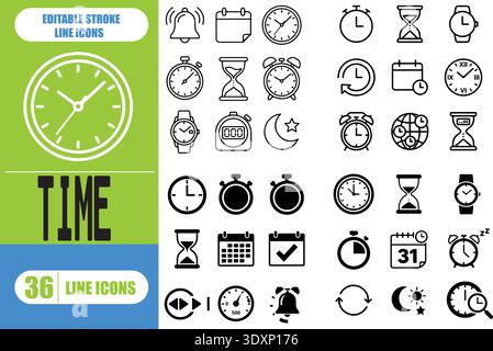 Symbolgruppe Zeitlinie. Eine Sammlung von 36 bearbeitbaren Symbolen für dünne Linien, die Uhren, Timer, Kalender und Zeitpläne darstellen. Perfekt Für Tim Stock Vektor
