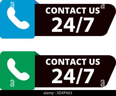 Grüne und blaue 24-7 Contact US Schilder auf weißem Hintergrund Stock Vektor