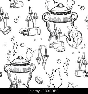 Vektor monochrome Hexerei, magischer Topf des Tranks und des Dampfes, giftige Pilze, Ratte, Glasfläschchen des Giftes, schwarz-weiße Illustration des mystischen Th Stock Vektor