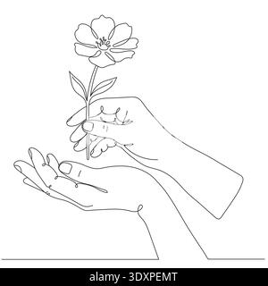 Hände, die eine Blume halten, mit einer durchgehenden Linie gezeichnet. Grafisches Design, mit einer Linie gezeichnet. Vektorabbildung. Bearbeitbare Zeile Stock Vektor