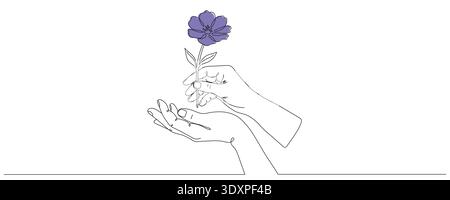 Hände, die eine Blume halten, mit einer durchgehenden Linie gezeichnet. Grafisches Design, mit einer Linie gezeichnet. Vektorabbildung. Bearbeitbare Zeile Stock Vektor
