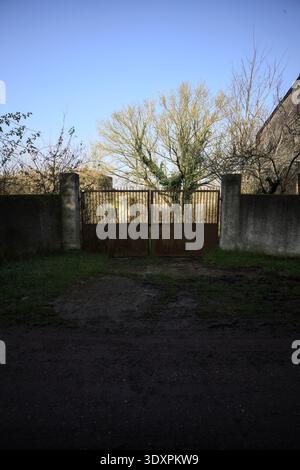 Geschlossenes rostiges Tor in einer Betonmauer, die zu einem Garten führt, auf dem italienischen Land Stockfoto