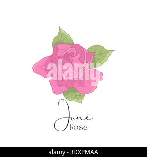 Handgezeichnete Linienart Retro-Palettenblume mit Text june Rose Stock Vektor