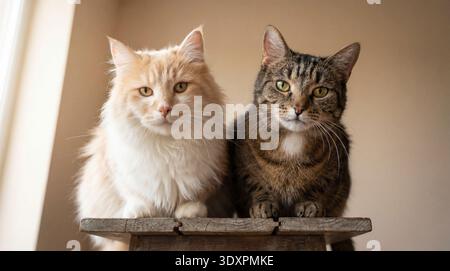 Ein herzerwärmendes Bild mit zwei Hauskatzen, die zusammen auf einer verwitterten Holzplanke sitzen. Die Katze links ist eine flauschige, Ingwerfarbene Katze Stockfoto