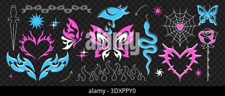 Y2K Gothic Tattoo Vektor Set. Neo Tribal Gothic Butterfly Sticker, Umrisse psychedelisches Dornherz, neotribale Weinauge, Dornrose, Spinnennetz und Punkfelsketten. Handgezeichnete Cyber-Sigisma-Emo-Symbole Stock Vektor
