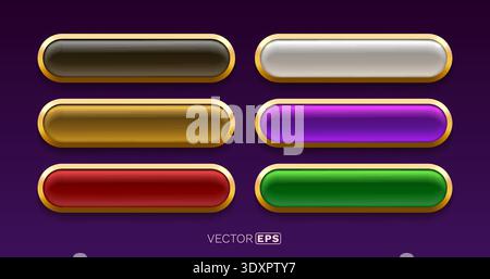 Set aus glänzenden Webknöpfen mit luxuriösen goldenen Rahmen in verschiedenen Farben für Spiel-UI oder modernes Design. Vektorabbildung Stock Vektor