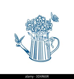 Frühlingsnarzissen in einer Gießkanne und Schmetterlinge. Handgezeichnete Vektorillustration im Linienart-Stil. Schwarzweiß-Clip-Art für Ostergrußkarten und Stock Vektor
