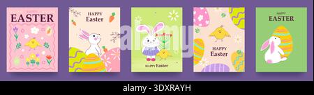 Ein Set niedlicher Osterkarten mit einem Häschen und einer Tussi. Trendiges, modernes Design mit gemusterten Ostereiern und Blumen auf strukturiertem Hintergrund. Viel Spaß, Ea Stock Vektor